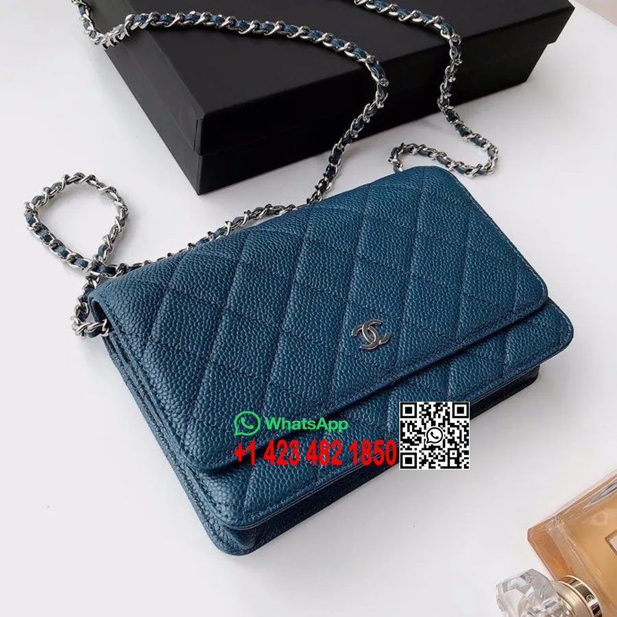 Chanel Woc çanta 20 Cm As81165 Damarlı Dana Deri Gümüş Donanım İlkbahar/yaz 2022 Koleksiyonu, Mavi