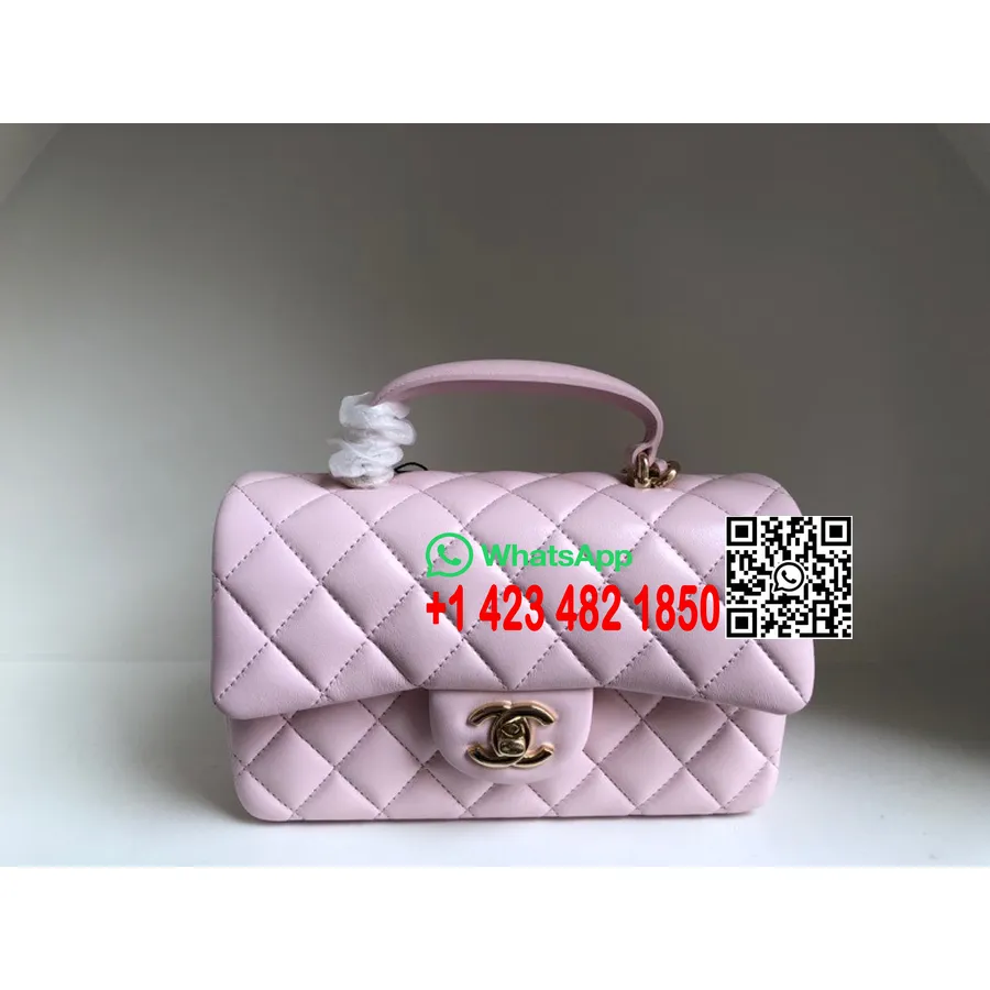 Chanel Mini Flap Bag With Top Handle Bag 18CM Lambskin Leather Gold Hardware Spring/Summer 2022 Collection,  Light Pink