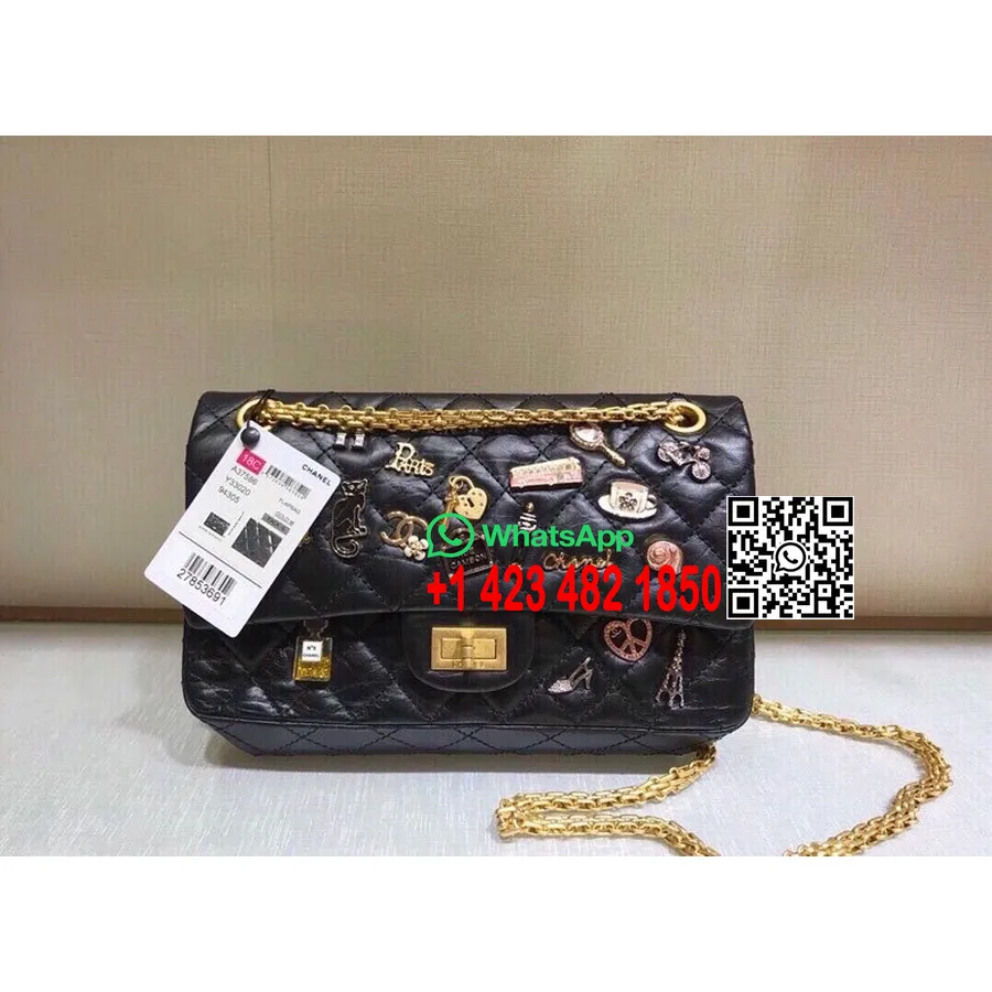 Chanel Lucky Charms Kortsus Reissue 2,55 Kott 25cm A37586 Lambanahast Kruiis Kevad/suvi 2022 Kollektsioon, Must