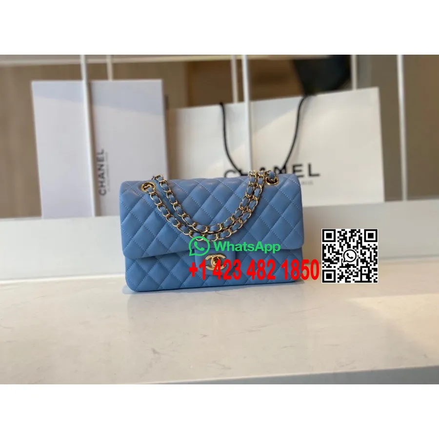 Chanel Bolsa Com Aba Clássica 25 Cm Couro De Cordeiro Ouro Hardware Cruzeiro Coleção Primavera/verão 2022, Azul