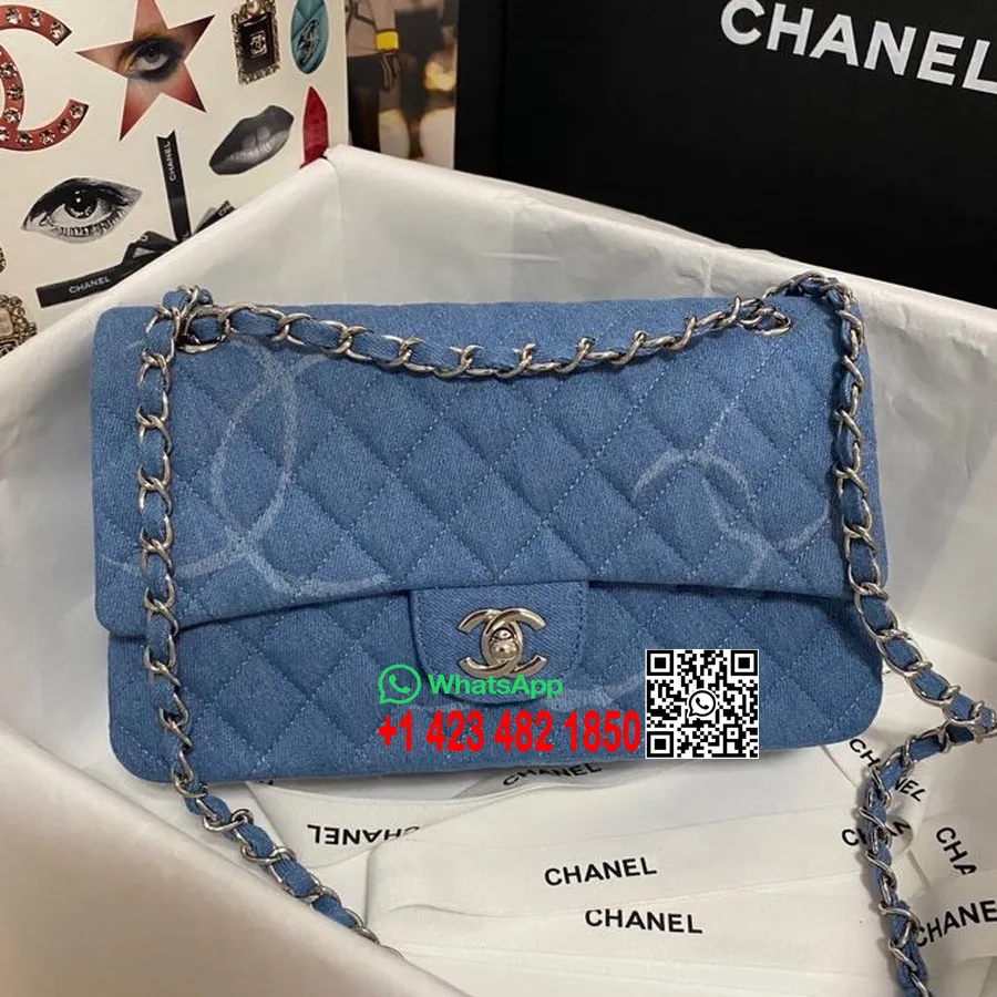 Chanel Denim Bolsa Com Aba Clássica 25 Cm Ouro Hardware Cruzeiro Coleção Primavera/verão 2022, Azul