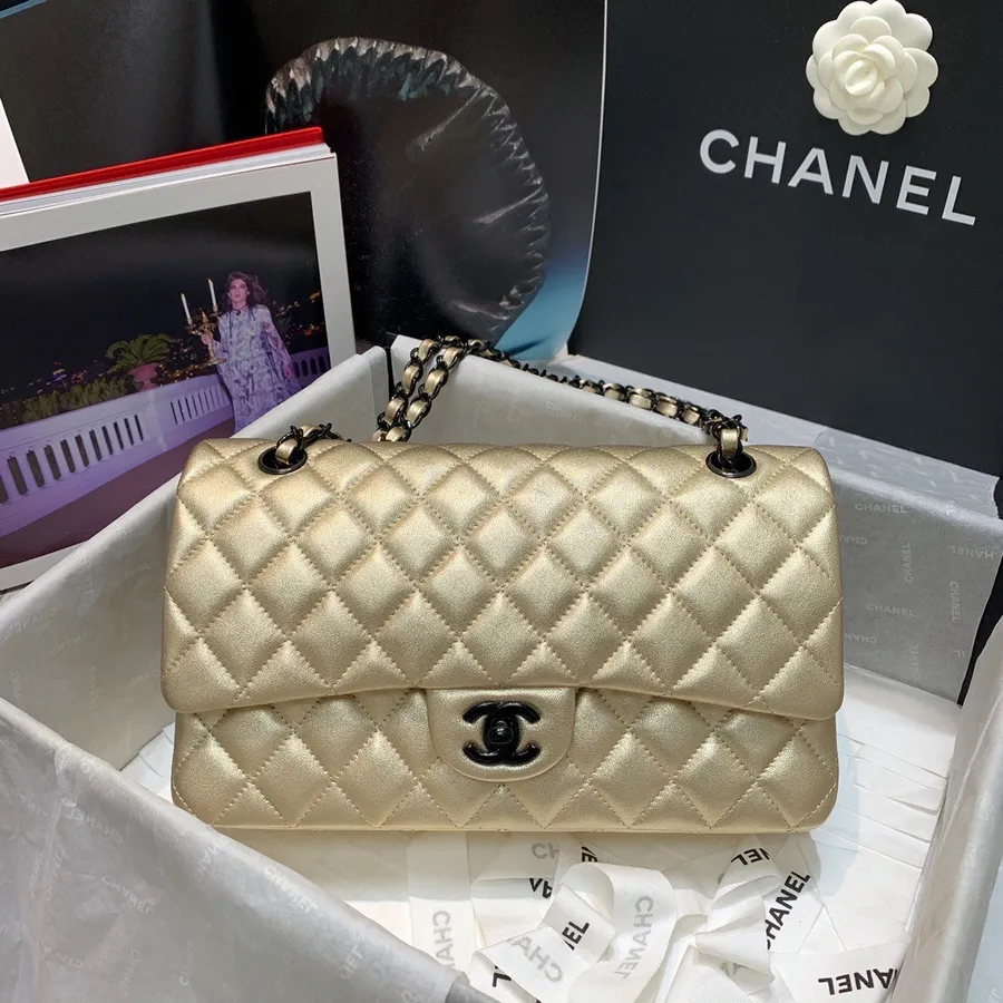 Chanel Klasik Kapaklı çanta 25cm Kuzu Deri Rutenyum Donanım Cruise Banknot/yaz 2022 Koleksiyonu, Altın