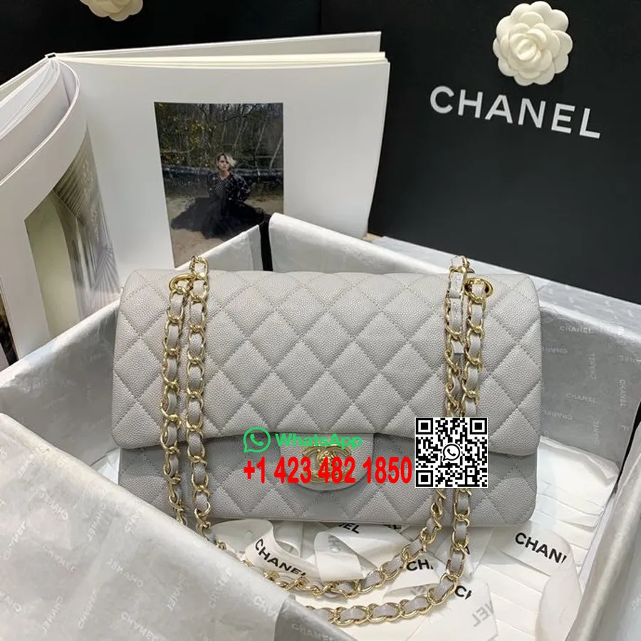 Chanel Klasik Kapaklı çanta 25cm Damarlı Dana Deri Deri Altın Donanım Cruise Kayıtları/yaz 2022 Koleksiyonu, Gri