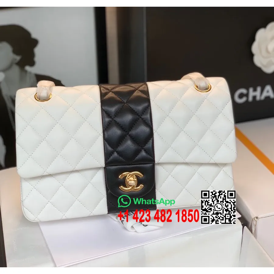 Geantă Chanel New Mini Cu Clapă Bi-stripe 25cm A69900 Piele De Miel Hardware Auriu Colecția Cruise Toamnă/iarnă 2021, Alb/negru