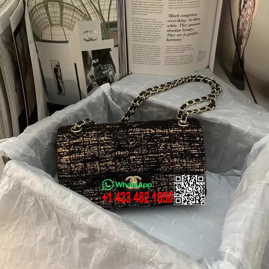 Geantă Chanel Mini Cu Clapă 25 Cm Tweed/piele De Miel Hardware Auriu Colecția Cruise Primăvară/vară 2022, Negru/auriu