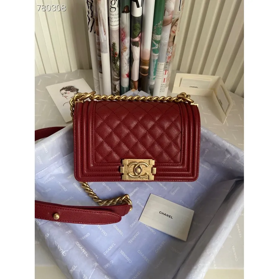 Chanel Jongenstas 20 Cm As67085 Gouden Hardware Kaviaarleer Herfst/wintercollectie 2021, Bordeauxrood