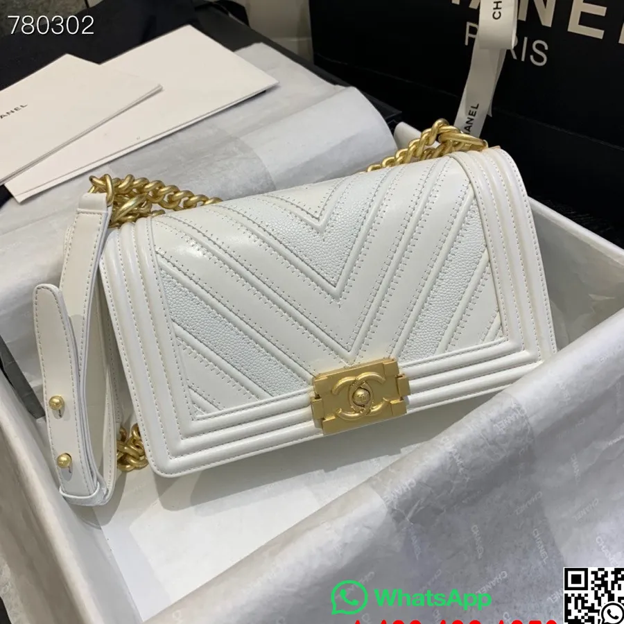 Chanel Chevron Izšūšanas Soma Zēnam 25cm As67086 Zelta Aparatūra Kaviāra āda 2021 Rudens/ziemas Kolekcija, Balta