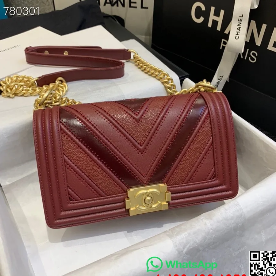 Сумка Chanel для мальчика с шевронной стрингой, 25 см, As67086, золотая фурнитура, кожа икры, коллекция осень/зима 2021, бордовы