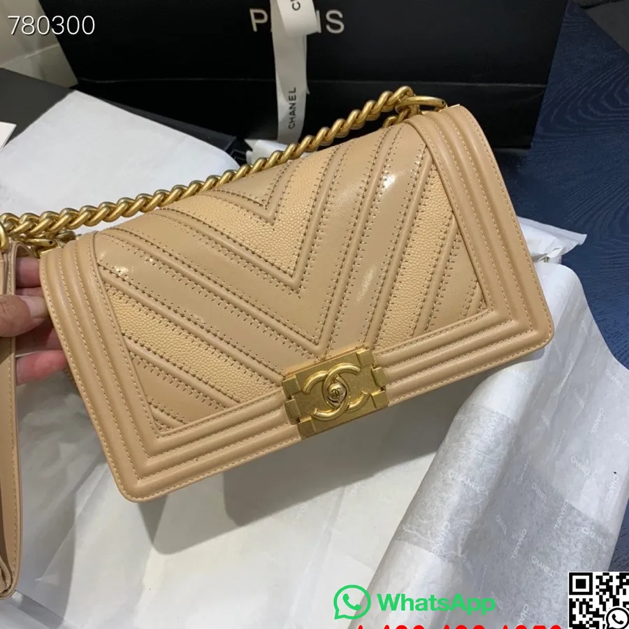 Chanel Chevron šití Chlapecká Taška 25cm As67086 Zlatý Hardware Kaviár Kůže Kolekce Podzim/zima 2021, Opálená