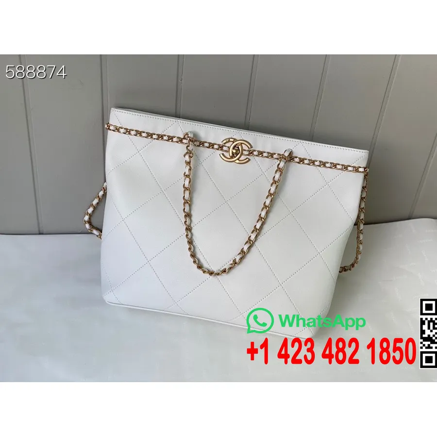 Chanel Tote Shoulder Bag 25cm A2374 Gold Hardware Calfskin Leather, White