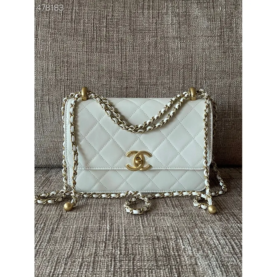 Chanel Miniatuur Flaptas 20 Cm As2615 Kalfsleer Gouden Hardware Collectie Lente/zomer 2021, Wit