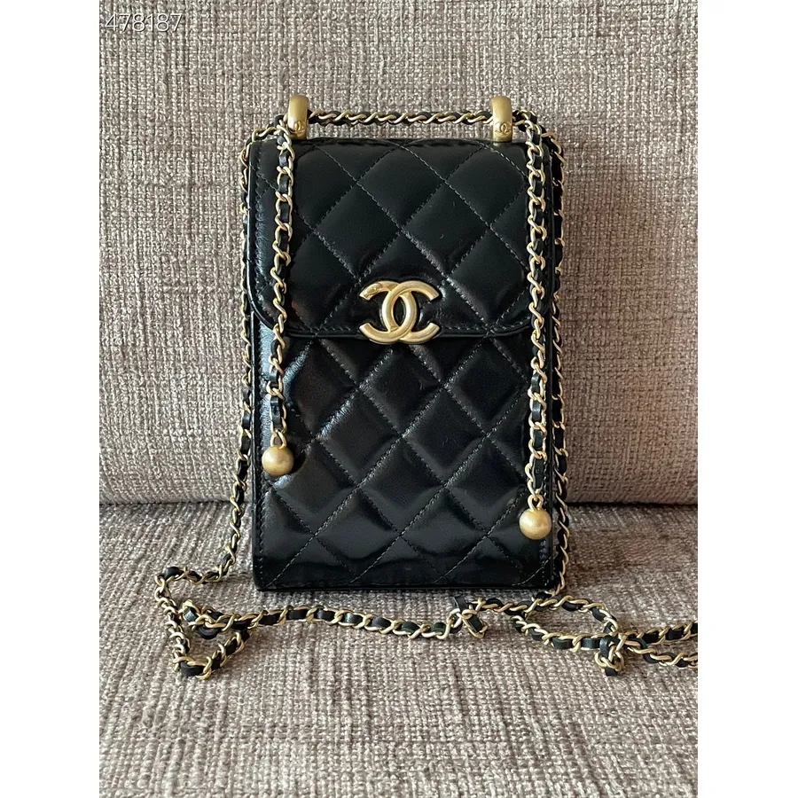 Chanel Telefon Tutucu Kılıf Çanta 10cm Dana Deri Altın Donanım İlkbahar/yaz 2021 Koleksiyonu, Siyah