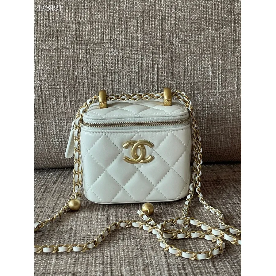 Chanel Mini Vanity Çanta 12cm Dana Deri Altın Donanım İlkbahar/yaz 2021 Koleksiyonu, Beyaz