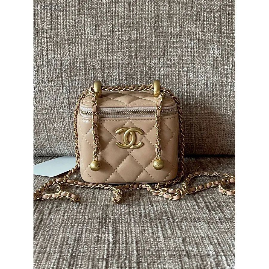 Chanel Mini Vanity Çanta 12cm Dana Deri Altın Donanım İlkbahar/yaz 2021 Koleksiyonu, Bej