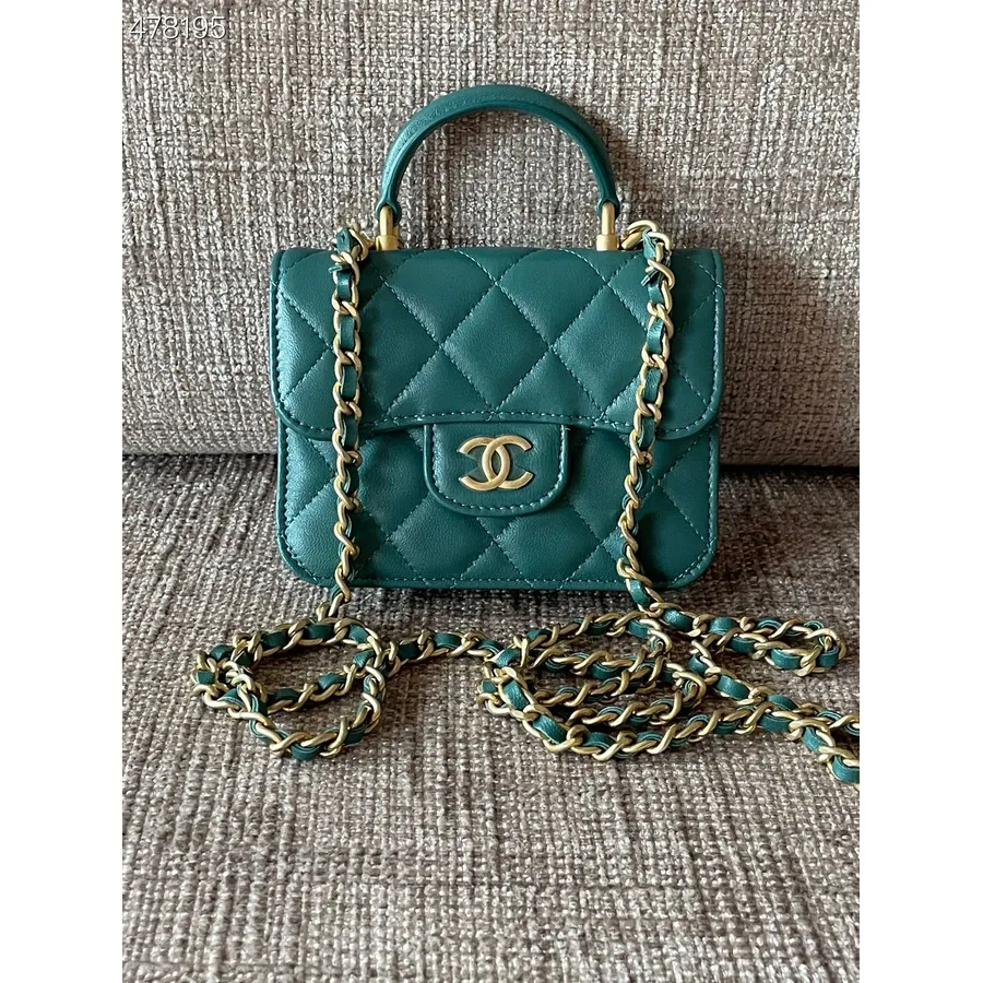 Chanel Gibi Saplı Kapaklı Çanta 12cm Dana Deri Altın Donanım İlkbahar/yaz 2021 Koleksiyonu, Koyu Yeşil