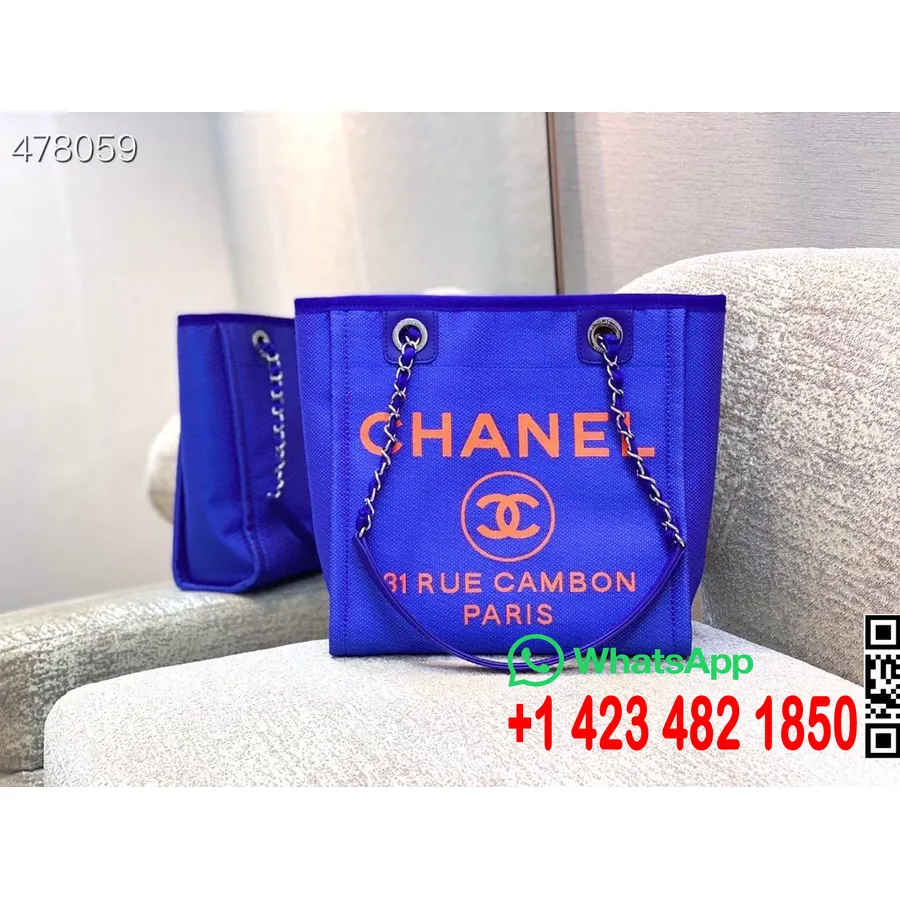 Sac Cabas Chanel Deauville En Tweed 28cm Collection Printemps/été 2021, Bleu électrique/orange