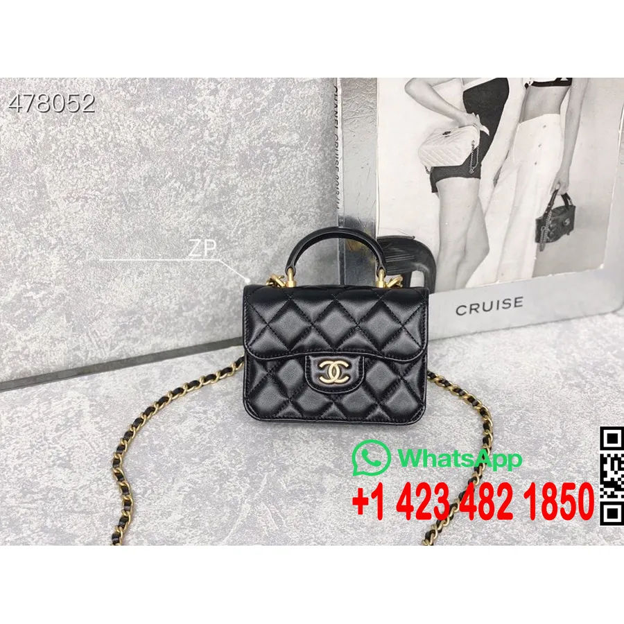 Bolso Chanel Con Solapa Y Asa En Miniatura, Piel De Cordero De 12 Cm, Herrajes Dorados, Colección Primavera/verano 2021, Negro