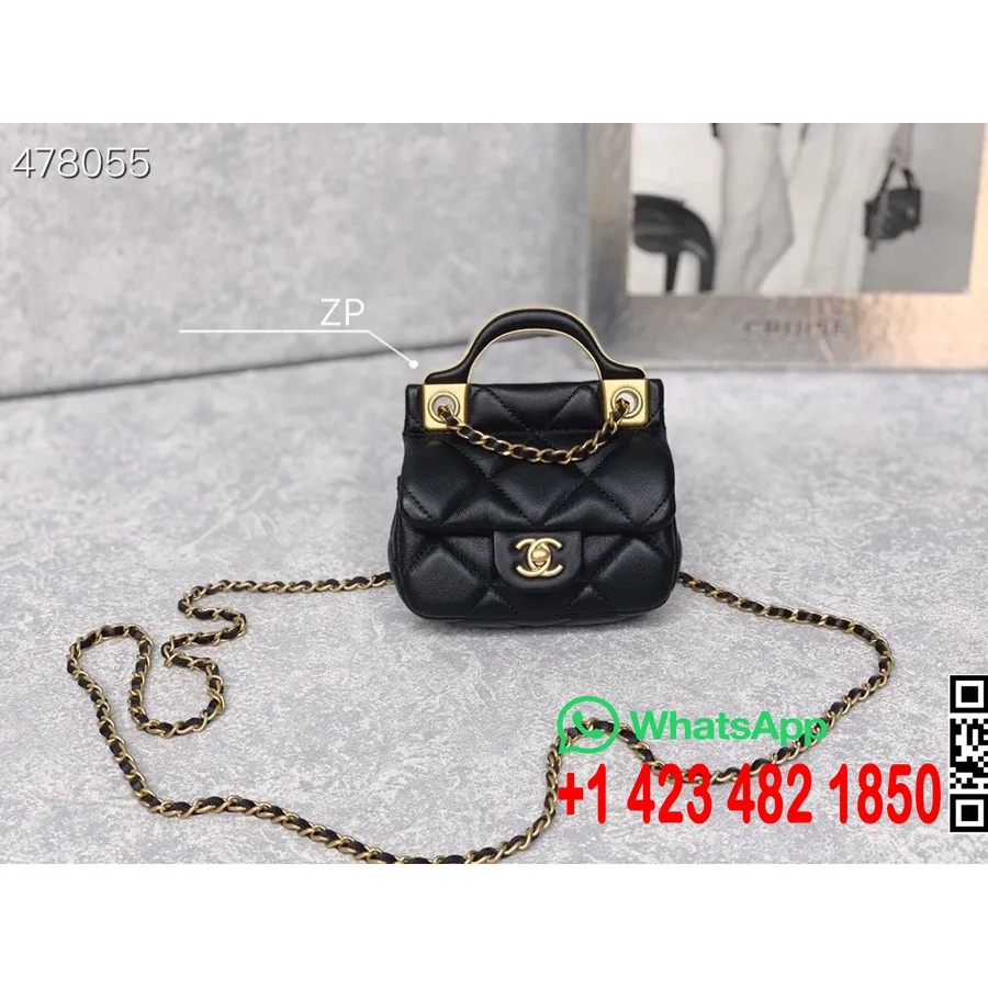 Bolso Chanel Con Solapa Y Asa En Miniatura, Piel De Cordero De 12 Cm, Herrajes Dorados, Colección Primavera/verano 2021, Negro