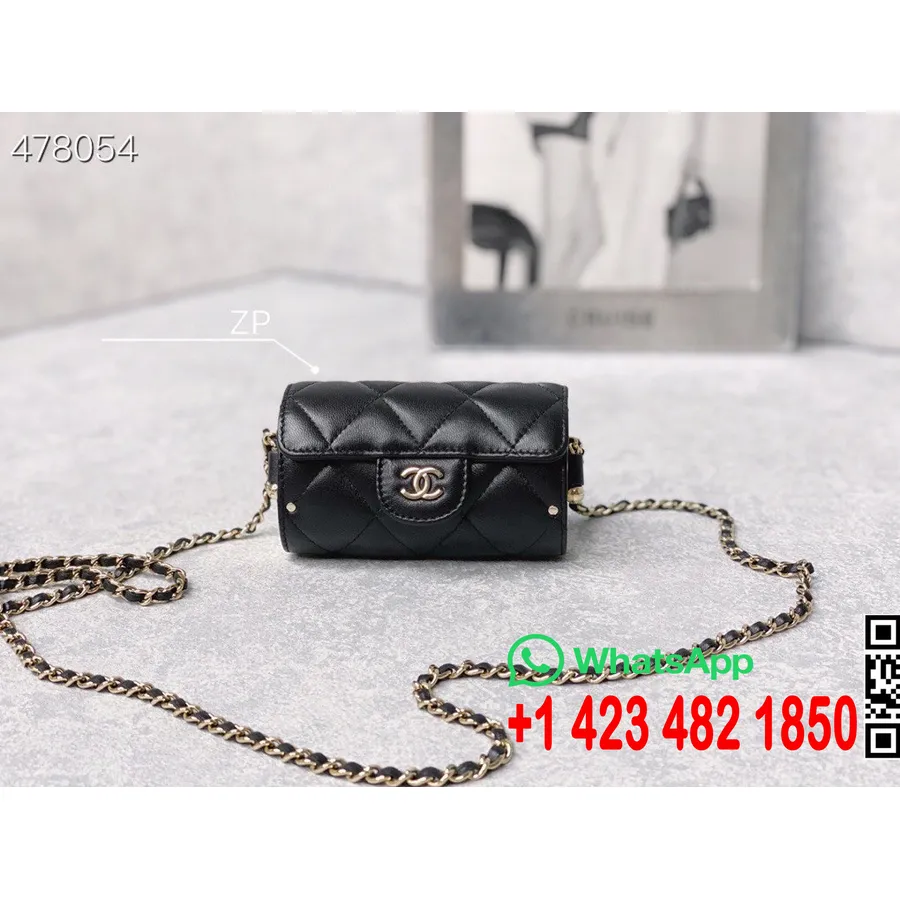 Bolso Para Lápiz Labial En Miniatura Chanel 12 Cm Piel De Cordero Herrajes Dorados Colección Primavera/verano 2021, Negro