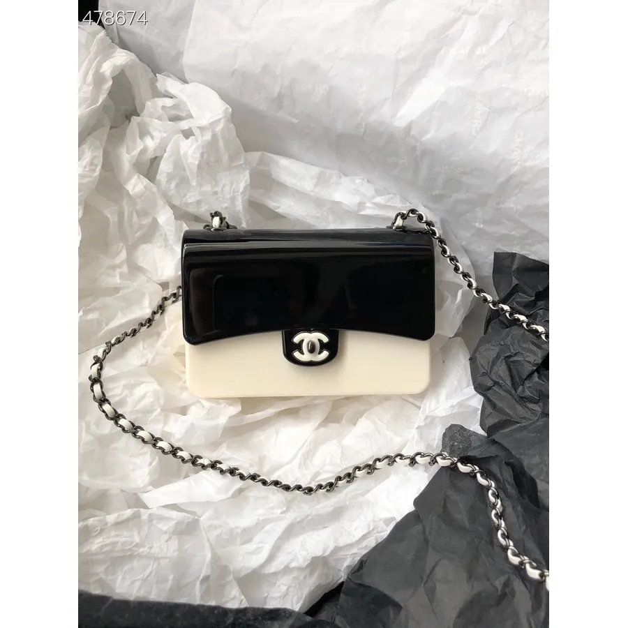 Večerná Kabelka Chanel Lucite 12 Cm Ruténiový Kolekcia Jar/leto 2021, čierna/biela