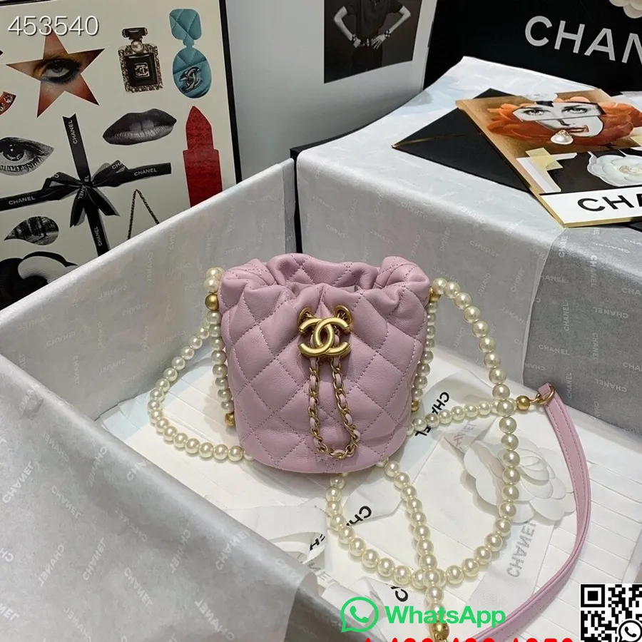 Chanel Sac à Cordon Avec Chaîne De Perles 12 Cm As2529 Cuir D'agneau Matériel Doré Collection Printemps/été 2021, Rose