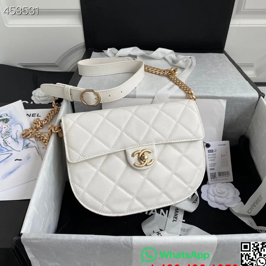 Chanel Mini Round Messenger Bag 24CM AS2484 Calfskin Leather Gold Hardware Spring/Summer 2021 Collection, White