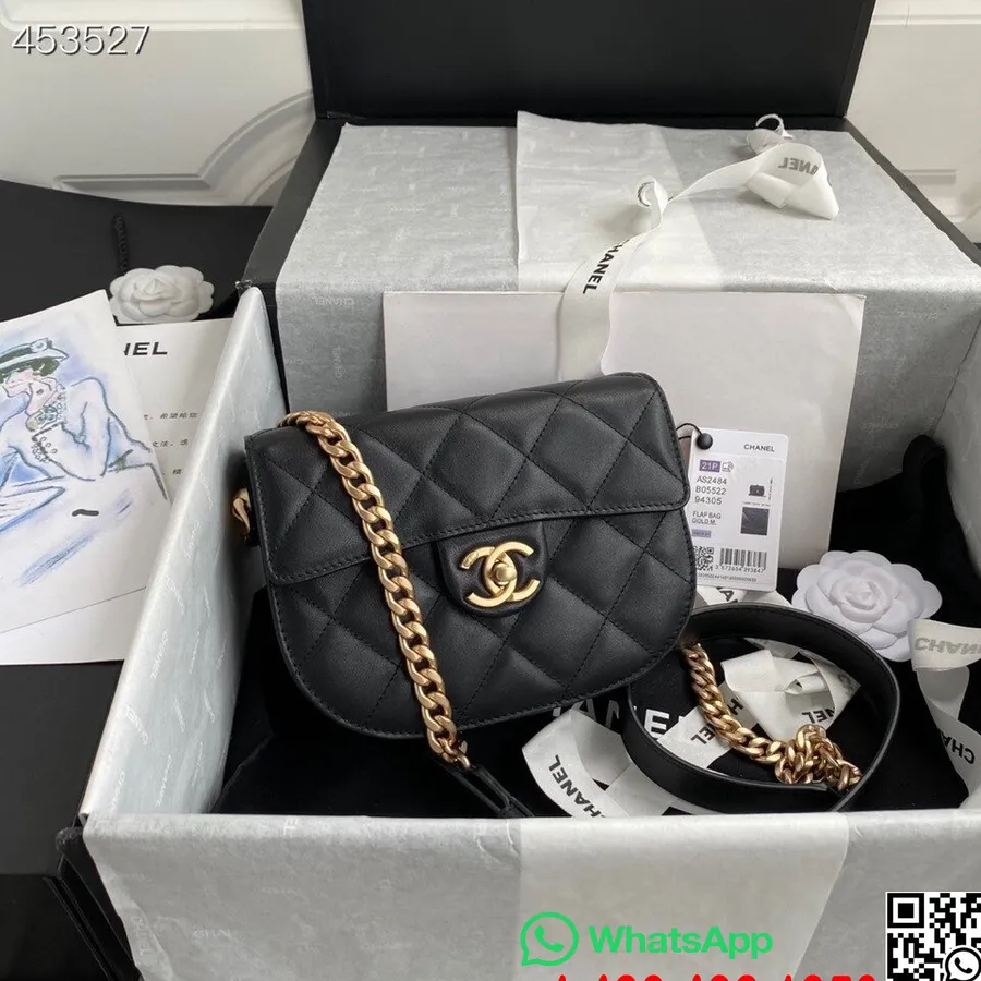 Chanel Mini Okrúhla Messenger Taška 18cm As2485 Teľacia Koža Zlatá Kolekcia Jar/leto 2021, čierna