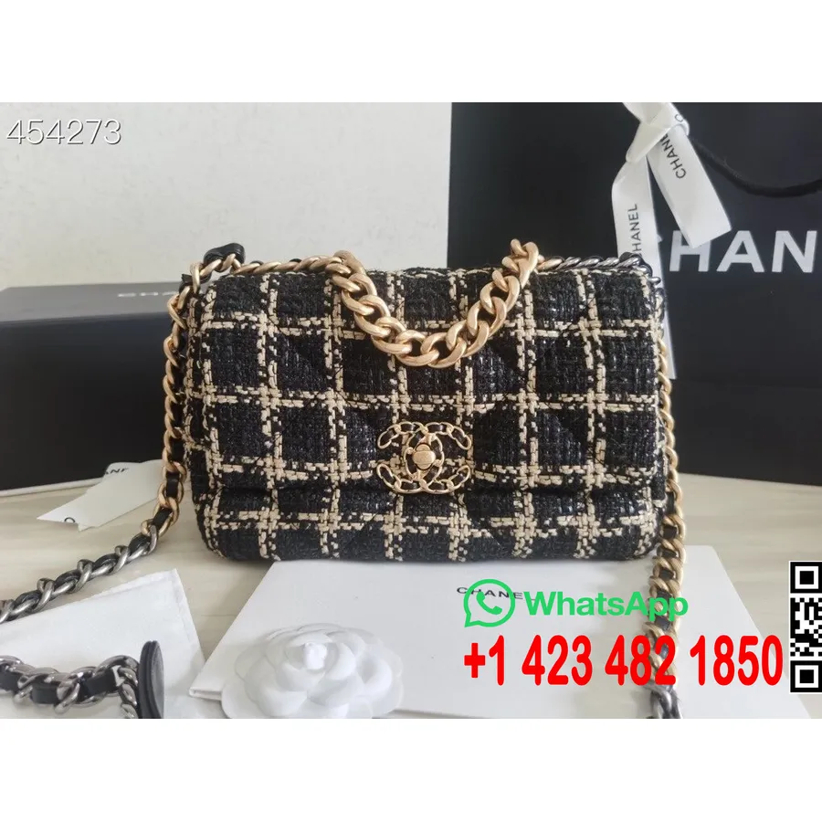 Chanel 19-es Szárnyas Táska 26 Cm-es Tweed/kecskebőr Bőr Tavasz/nyár 2021, Fekete/arany