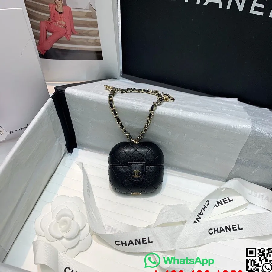 Chanel Airpod Pro Futrālis Uz ķēdes 8 Cm As81061 Jērādas ādas Zelta Aparatūras 2021. Gada Pavasara/vasaras Kolekcija, Melna