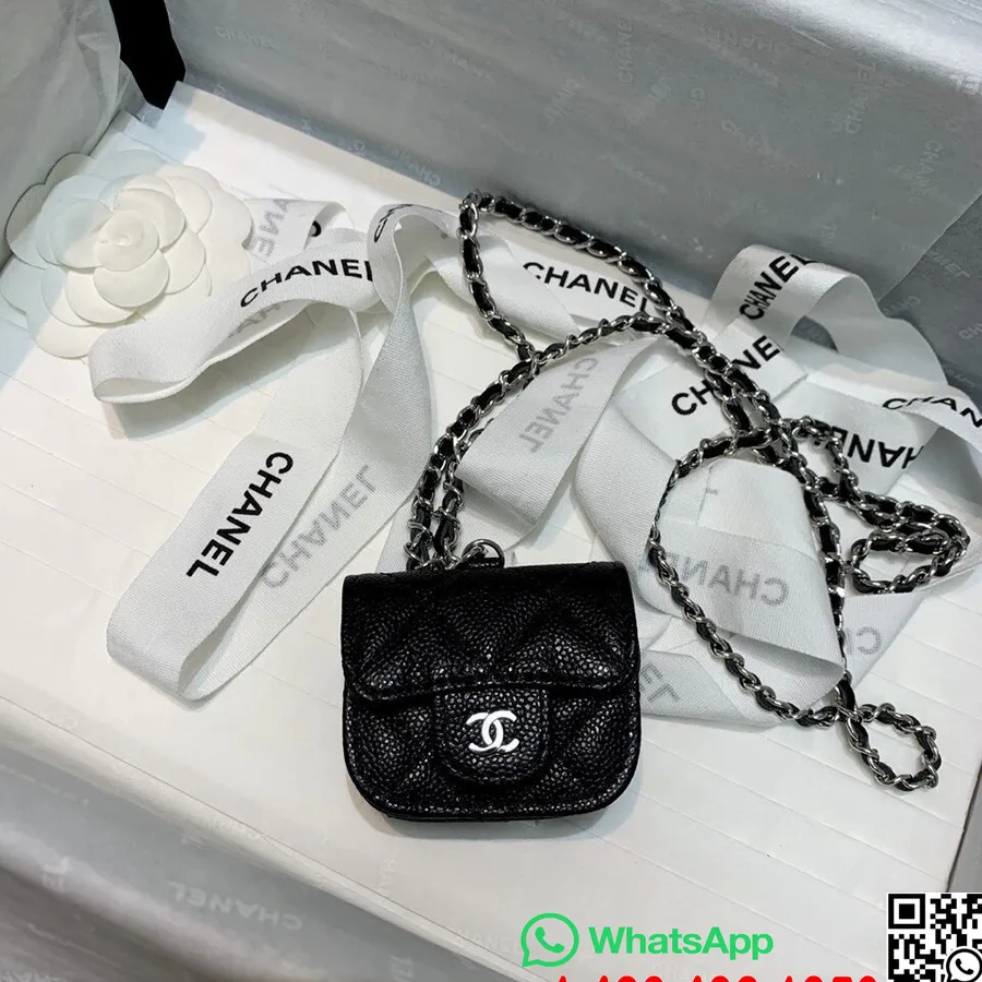 Chanel AirPod Pro Case on Chain 8cm AS88893 Grained Calfskin Leather Silver Hardware Spring/Summer 2021 Collection, Black