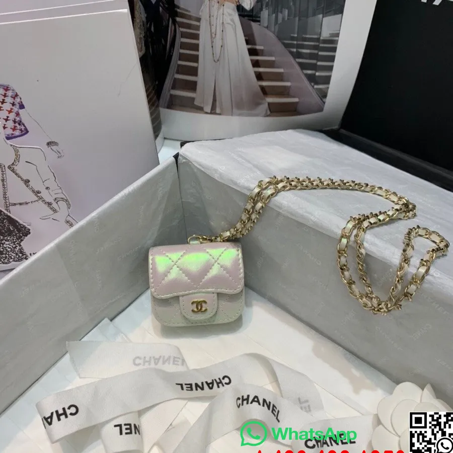 Chanel AirPod Pro Case on Chain 8cm AS88893 Lambskin Leather Gold Hardware Spring/Summer 2021 Collection, Pearl White