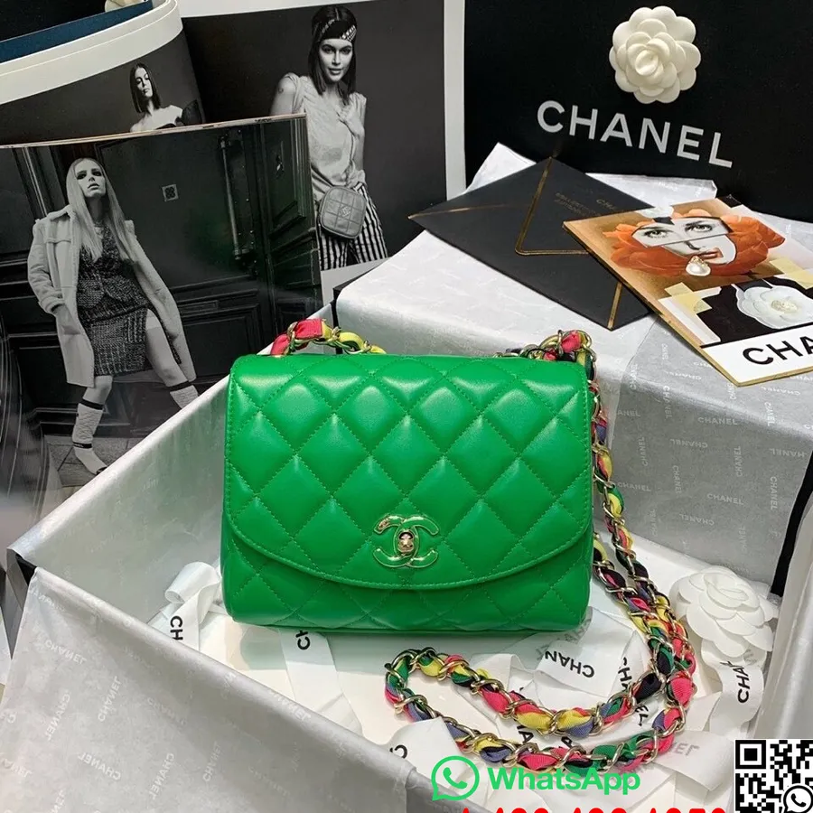 Eșarfă Chanel Geantă împletită 20cm As2411 Piele De Miel Hardware Auriu Colecția Primăvară/vară 2021, Verde