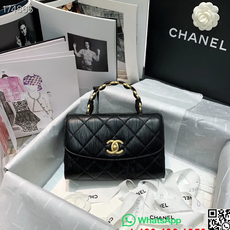 Chanel CC Leather Wrapped Handle Bag 20cm AS2477 Lambskin Leather Gold Hardware Spring/Summer 2021 Collection,  Black