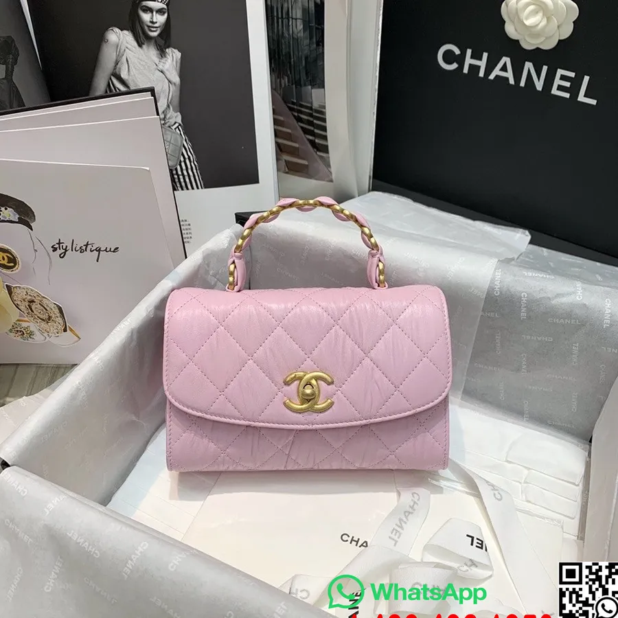 Bolso Chanel Cc Con Asa Envuelta En Cuero 20 Cm As2477 Piel De Cordero Herrajes Dorados Colección Primavera / Verano 2021, Rosa