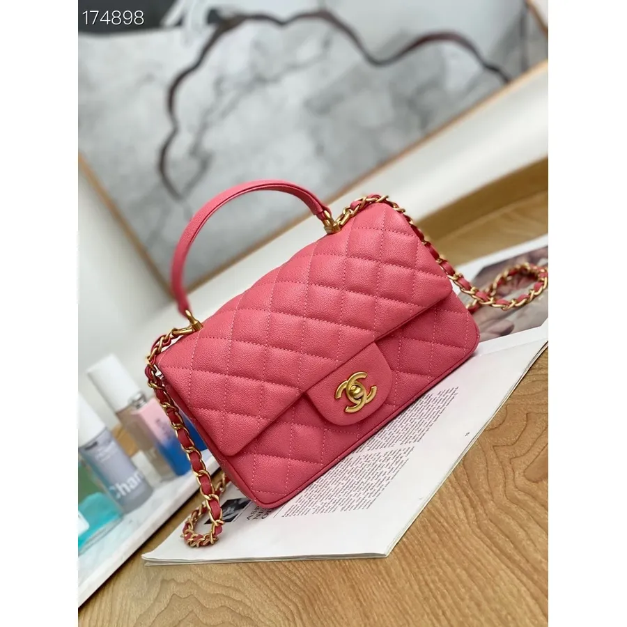 Bolsa Mensageiro Chanel 20cm As2431 Couro De Bezerro Granulado Ouro Hardware Coleção Primavera/verão 2021, Rosa