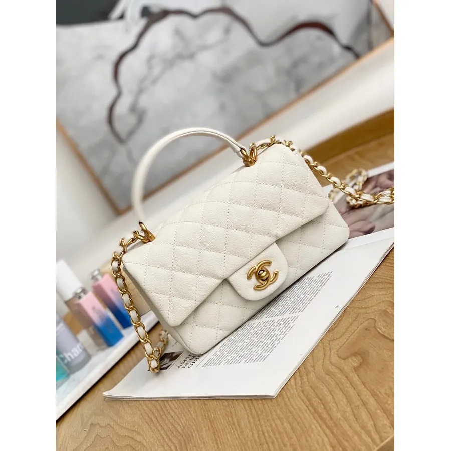 Bolsa Mensageiro Chanel 20cm As2431 Couro De Bezerro Granulado Ouro Hardware Coleção Primavera/verão 2021, Branco