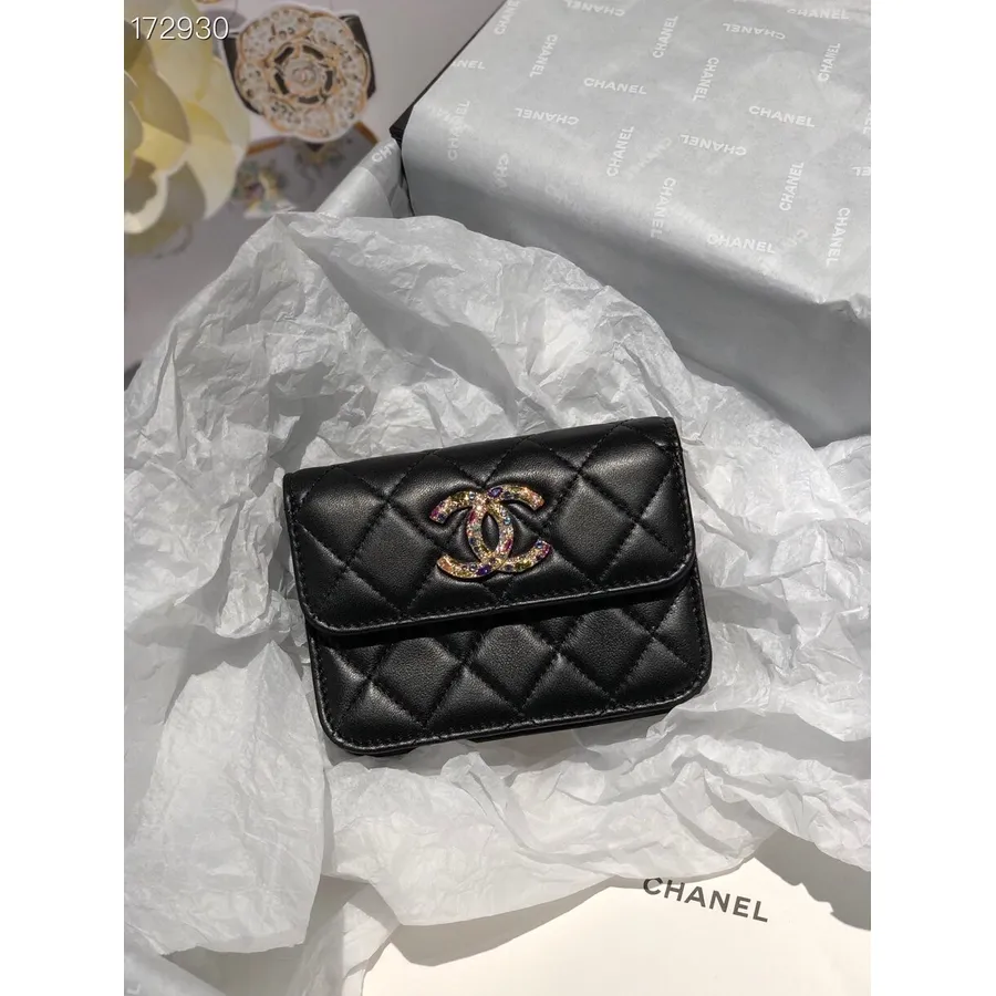 Clutch Chanel Zirconiu Mic Cu Geanta Cu Lant 12 Cm Piele De Miel Feronerie Aurie Colectia Toamna/iarna 2020, Negru