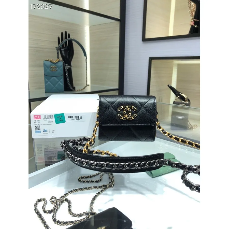 Port Card Chanel Mini Geanta 19 12 Cm Piele De Miel Feronerie Aurie Colectia Toamna/iarna 2020, Negru