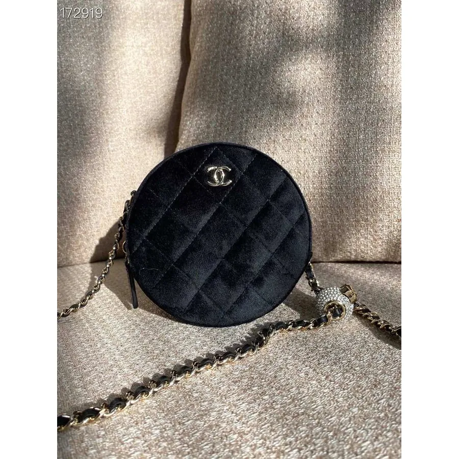 Chanel țesut Cc Logo Poșeta Rotundă Cu Monede Charm Geantă De Umăr 12 Cm Catifea/piele De Miel Hardware Auriu Toamna/iarna 2020