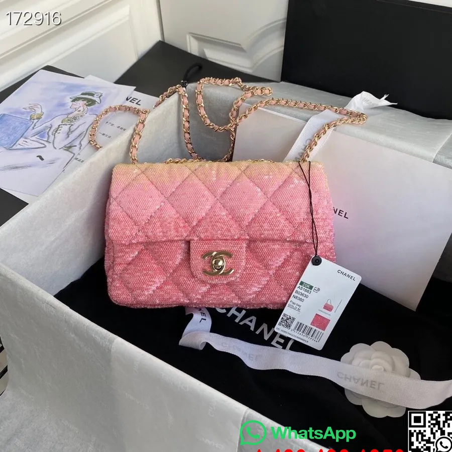 Borsa Chanel Mini Con Patta 20 Cm Paillettes/pelle Di Agnello Hardware Collezione Dorato Autunno/inverno 2020, Rosa