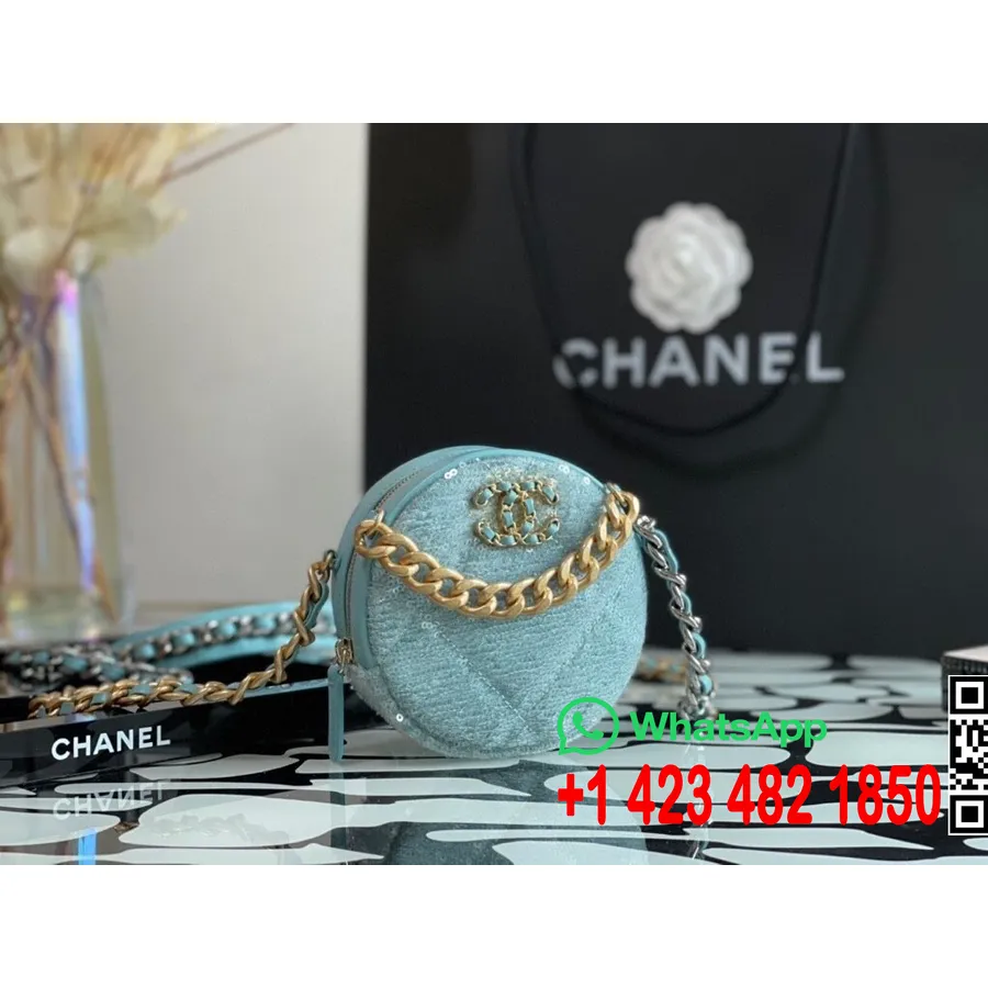 Chanel Monedero Redondo Tejido Con Logo Cc, Bolso De Hombro, Lentejuelas De 12 Cm/piel De Cordero, Herrajes Dorados, Colección P