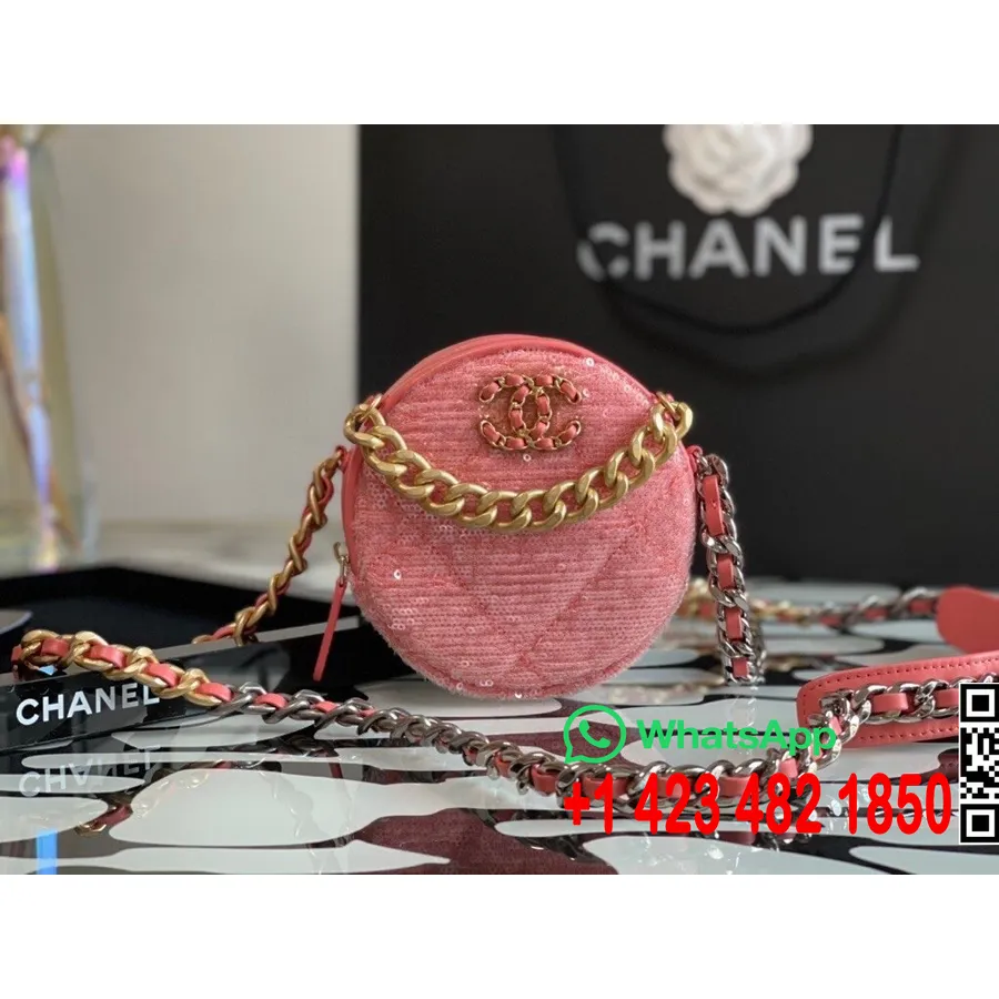 Borsa A Tracolla Portamonete Rotonda Con Logo Cc Intrecciato Chanel 12 Cm Paillettes/pelle Di Agnello Hardware Dorato Collezione