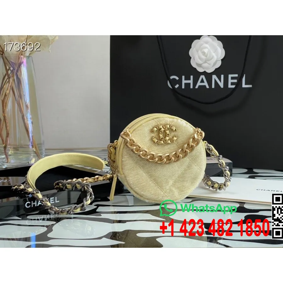 Chanel Tissé Cc Logo Porte-monnaie Rond Sac à Bandoulière 12cm Paillettes/cuir D'agneau Matériel Doré Collection Printemps/été 2