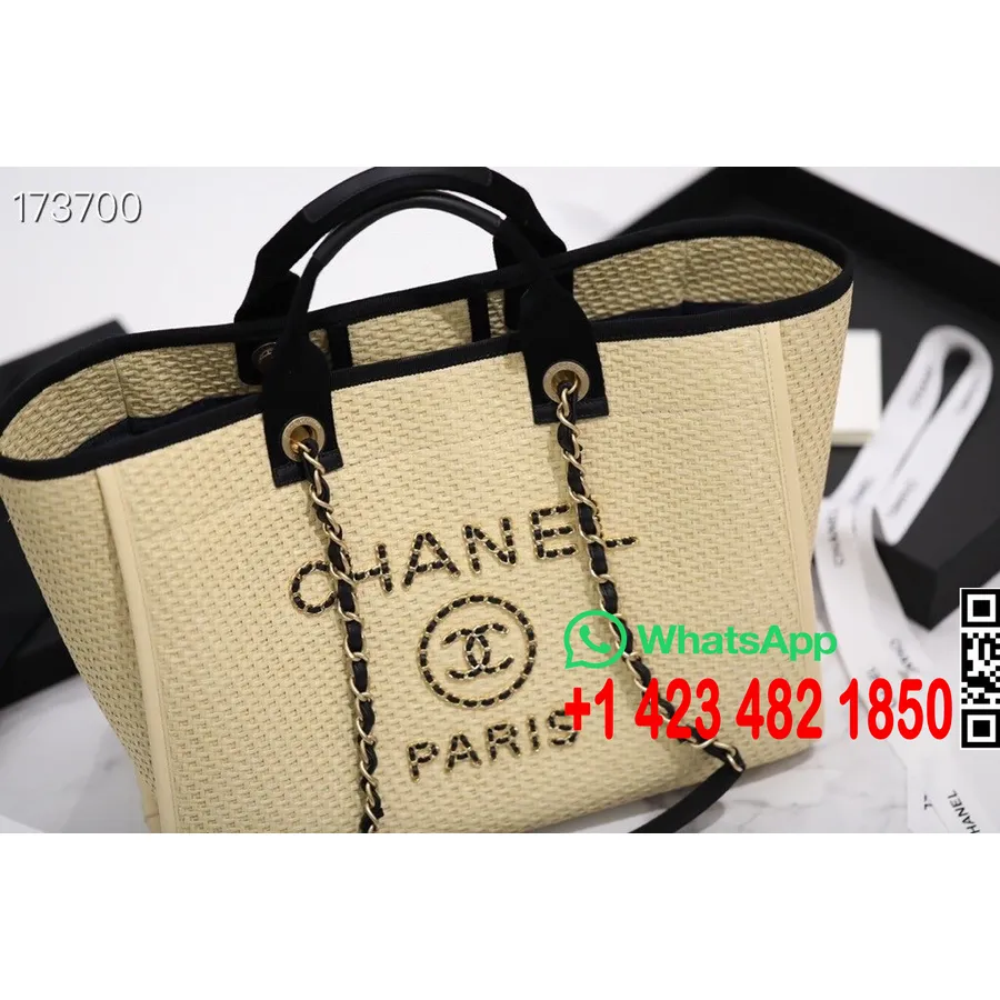 Chanel Deauville Tygväska 40cm Raffia Canvas Vår/sommar 2021 Kollektion, Beige/svart