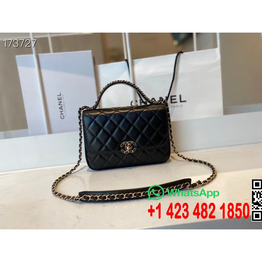 Chanel Kapaklı çanta 24cm As0970 Kuzu Deri Lake Donanım Cruise 2021 Sezon Koleksiyonu, Siyah