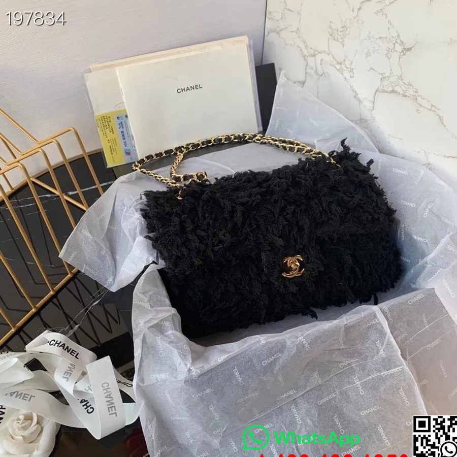 Chanel Medium Flap Bag 25cm Tweed/Lambskin Leather Gold Hardware Cruise 2021 Seasonal Collection, Black