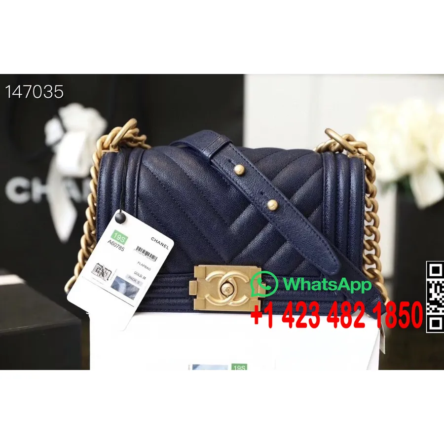 Sac Chanel Chevron Leboy 20cm Cuir Caviar Matériel Doré Collection Printemps/été 2020, Bleu Nuit