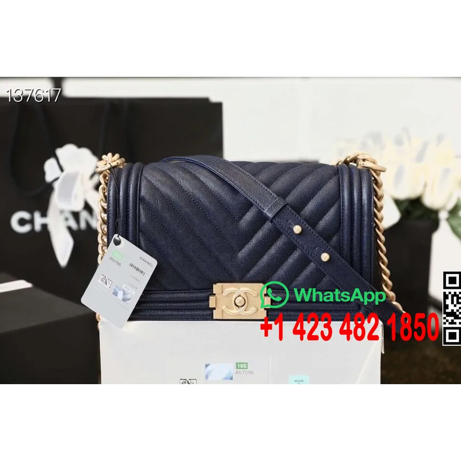 Sac Chanel Chevron Leboy 25cm Cuir Caviar Matériel Doré Collection Printemps/été 2020, Bleu Nuit