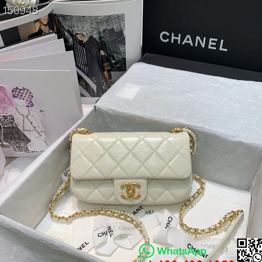 Chanel Flap Woven Pearl Embellished Strap Bag 20cm Gold Hardware Lambskin Leather Fall/Winter 2020 Collection, White