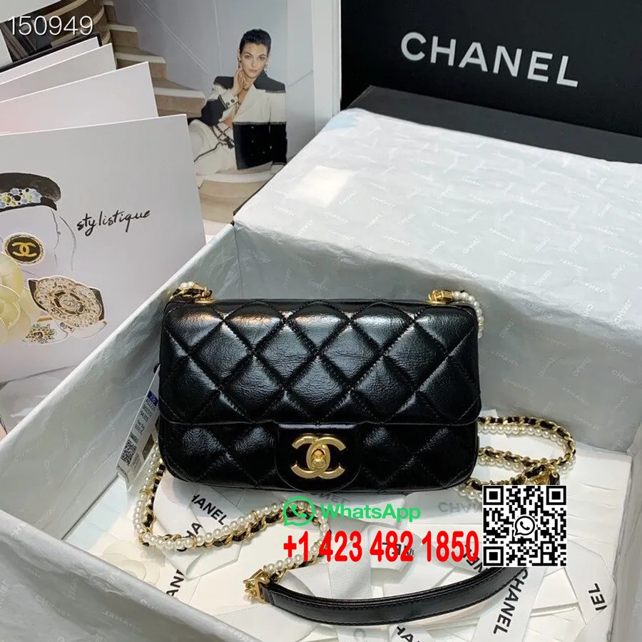 Chanel Flap Woven Pearl Embellished Strap Bag 20cm Gold Hardware Lambskin Leather Fall/Winter 2020 Collection, Black